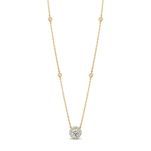 1.16 CT. TW Round Cut Halo Diamond Station Necklace in 18K Gold