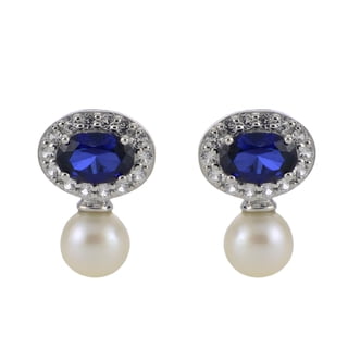 5.5-6mm White Cultured Freshwater Pearl, Aquamarine and Lab Created White Sapphire Earrings in Sterling Silver