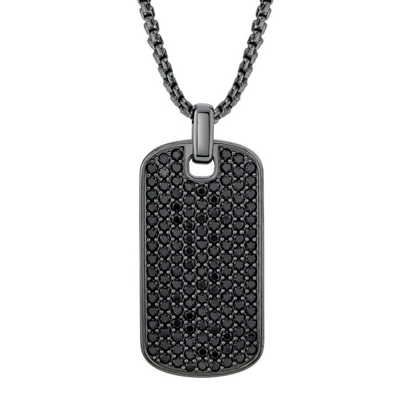 Men's Black Spinel Dog Tag Pendant Chain Necklace in Sterling Silver