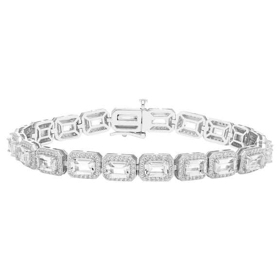 Emerald Cut Lab Created Gemstone Halo Tennis Bracelet in Sterling Silver