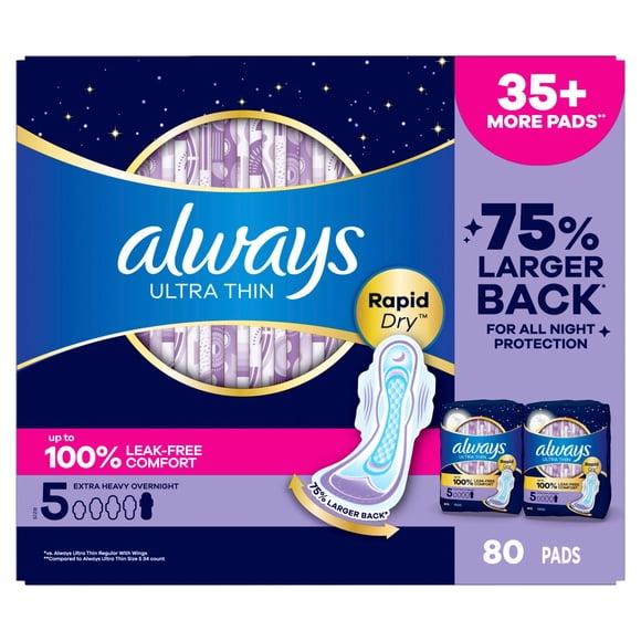 Always Ultra Thin Overnight Pads with Wings, Size 5, 80 ct.