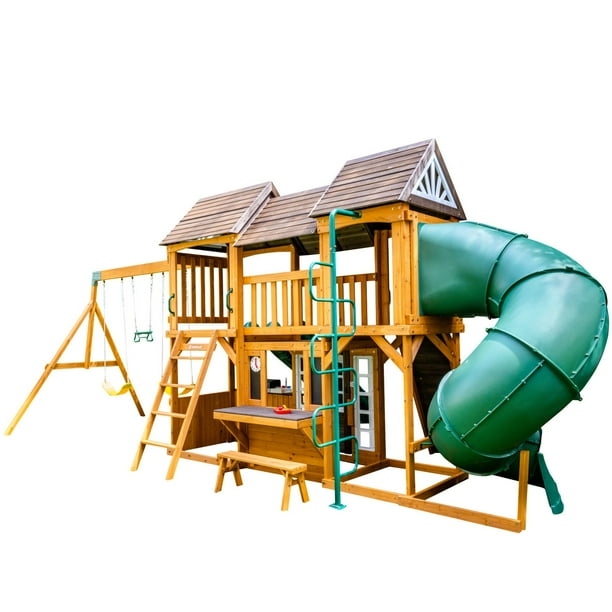 KidKraft Adventure Bend Wooden Swing Set with Three Slides