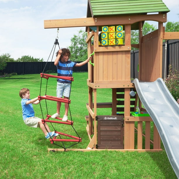 KidKraft Summerside Wooden Outdoor Swing Set with Steeple Climber