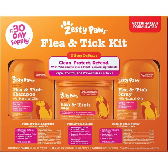 Zesty Paws Flea & Tick Kit for Dogs, to Repel, Control, and Prevent Fleas & Ticks, 8oz Shampoo, 8oz Spray, 60 ct. Bites