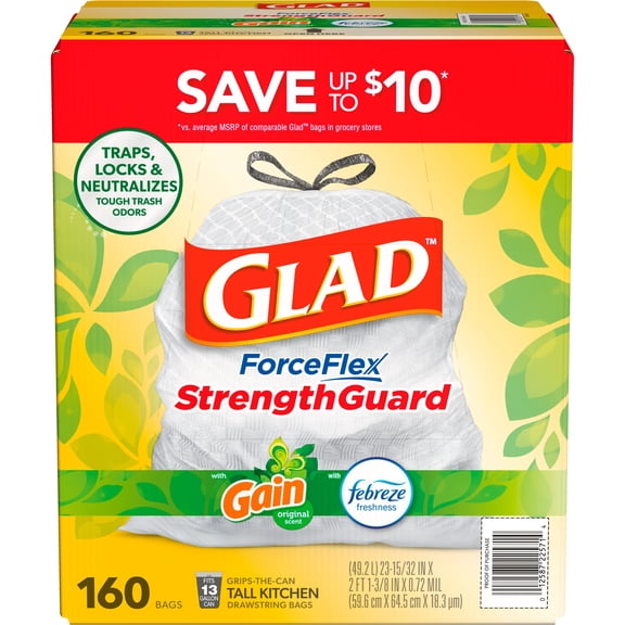 Glad® ForceFlex Tall Kitchen Drawstring Trash Bags, Gain Original scent with Febreze Freshness, 13 Gallon, 160 ct.