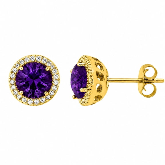 Round Cut Gemstone & 0.13 CT. T.W. Halo Diamond Stud Earrings in 14K Gold