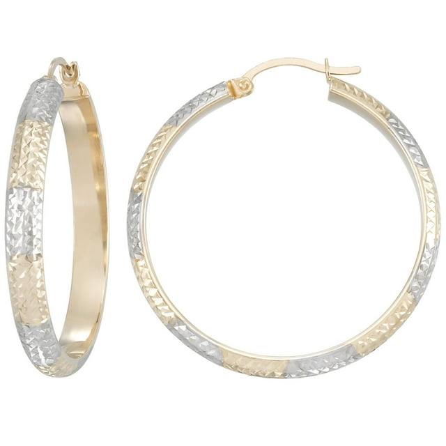 Diamond Cut Round Hoop Earrings in 14K Two Tone Gold