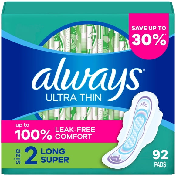 Always Ultra Thin Long Super Pads with Wings, Size 2, 92 ct.