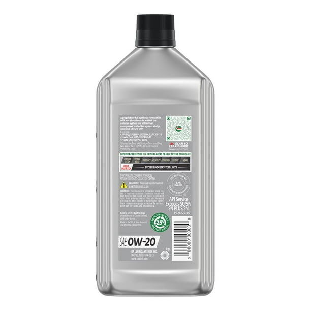 Castrol GTX Full Synthetic High Mileage Motor Oil 0W-20, 6 pack, 1