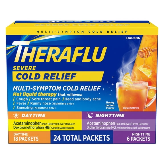 Theraflu MultiSymptom Severe Cold Relief Medicine/Nighttime Severe Cold and Cough Relief Medicine Powder, 24 ct.