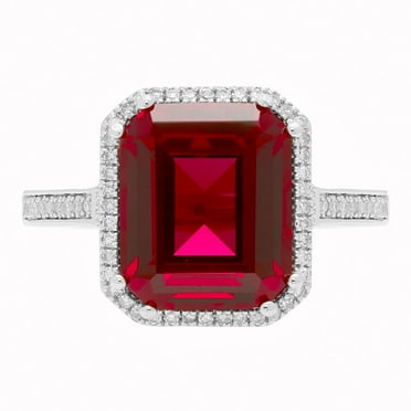 Lab Created Emerald Cut Gemstone and Diamond Ring in Sterling Silver