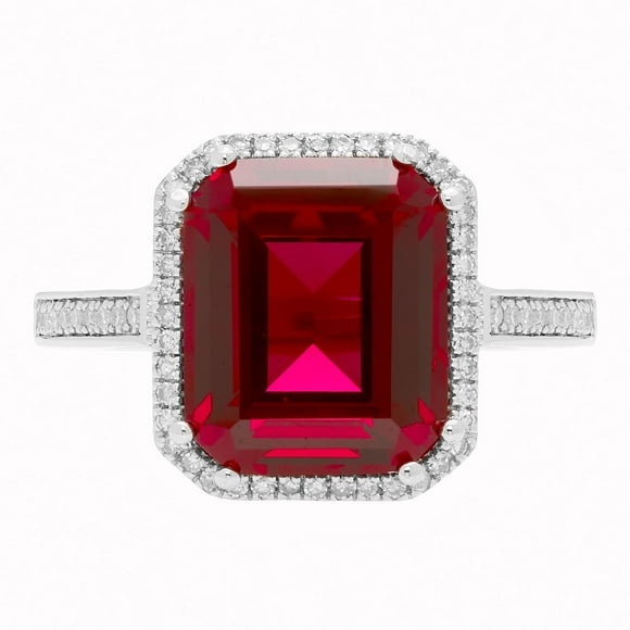 Lab Created Emerald Cut Gemstone and Diamond Ring in Sterling Silver