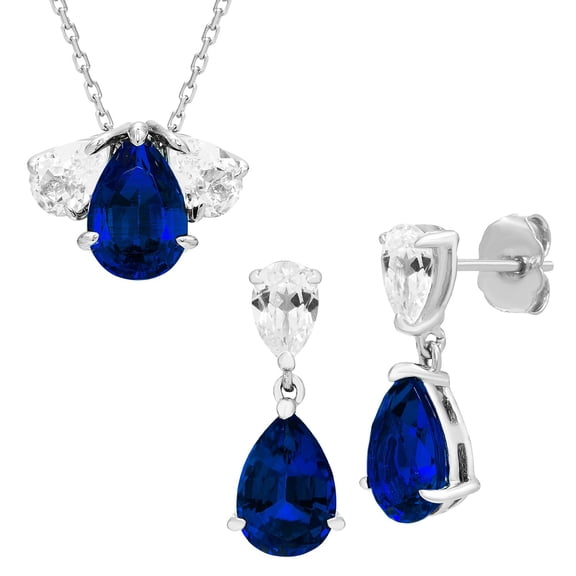 Pear Cut Lab Gemstone Earring and Necklace Set in Sterling Silver