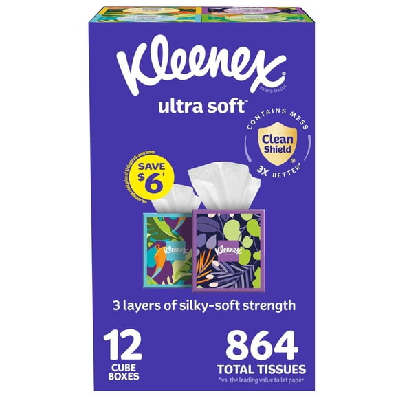 Kleenex Ultra Soft Hypoallergenic Facial Tissues 12 Boxes, 72 tissues/box