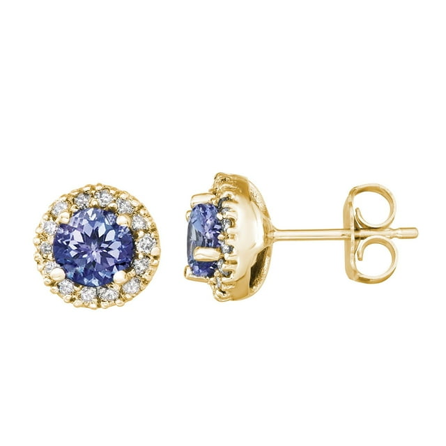 Round Cut Gemstone & 0.28 CT. T.W. Halo Diamond Stud Earrings in 14K Gold