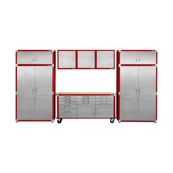Seville Classics UltraHD 8-Piece Steel Garage Cabinet Storage Set With Rolling Workbench, 14 Feet Wide