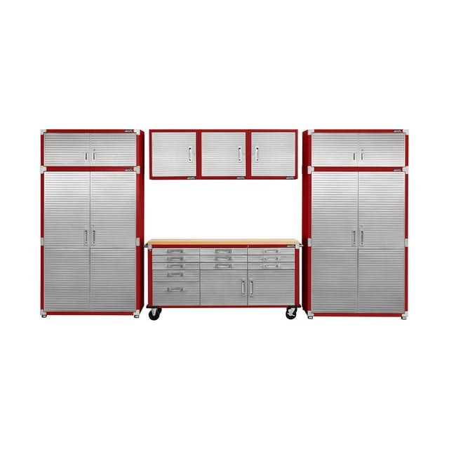 Seville Classics UltraHD 8-Piece Steel Garage Cabinet Storage Set With Rolling Workbench, 14 Feet Wide