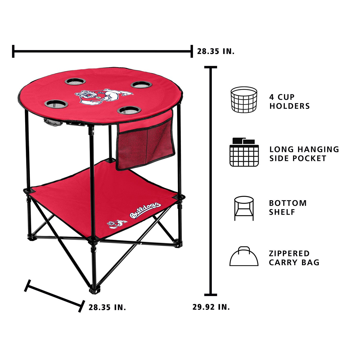 Dimensions and features of the round tailgate table.