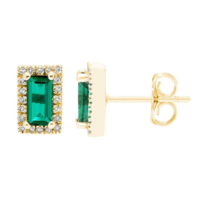 Baguette Cut Gemstone & 0.12 CT. TW Diamond Stud Halo Earrings in 14K Gold