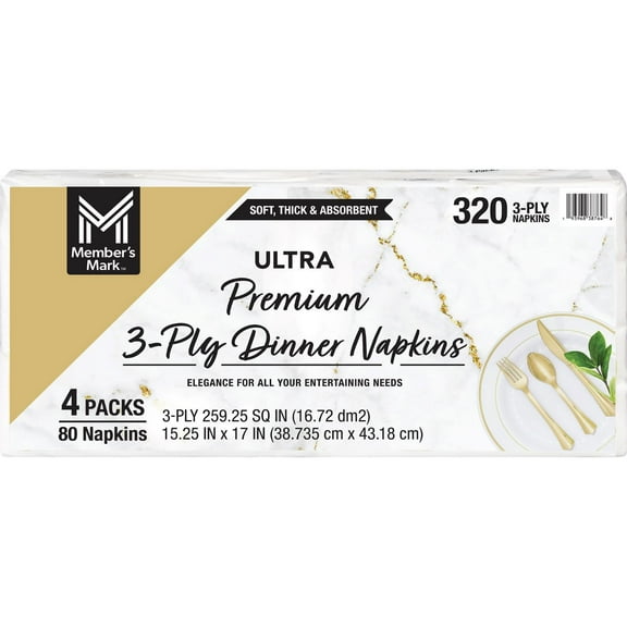 Member's Mark Ultra Premium 3-Ply White Dinner Napkins, 4 pks., 80 napkins/pk.