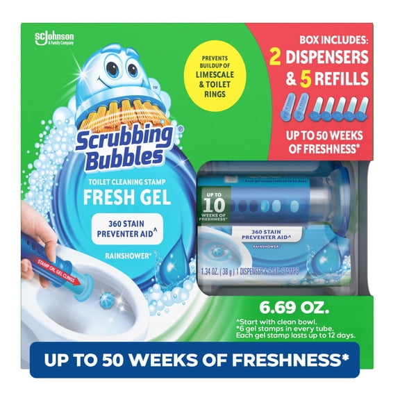 Scrubbing Bubbles Fresh Gel Toilet Cleaning Stamp, Rainshower, Dispenser with 30 Gel Stamps, 6.69 oz
