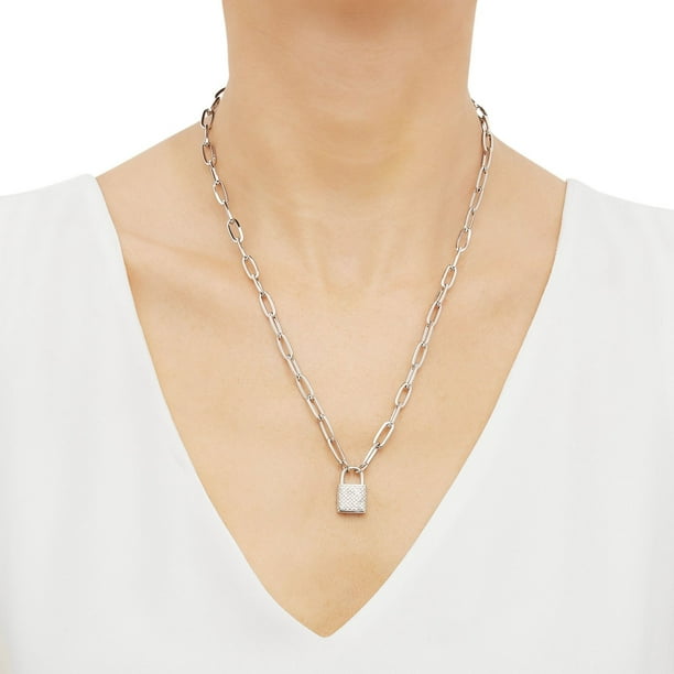 Sterling Silver 0.29 CT T.W. Diamond Padlock Paperclip Necklace