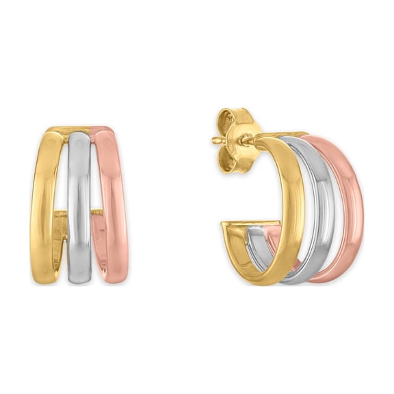 Tri-Color High Polish Huggie Hoop Earrings in 14K Gold