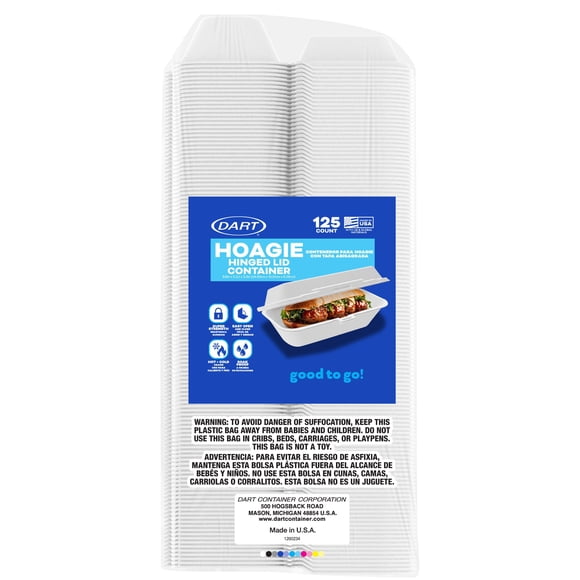 DART® Insulated Foam Hinged Lid Take Out Container, 9" x 5" Hoagie, 1-Compartment, 125 ct.