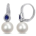 thumbnail image 1 of 9-9.5 mm Round Cultured Freshwater Pearl and Blue Sapphire with 0.11 CT. T.W. Diamond Earrings in 14K Gold, 1 of 5