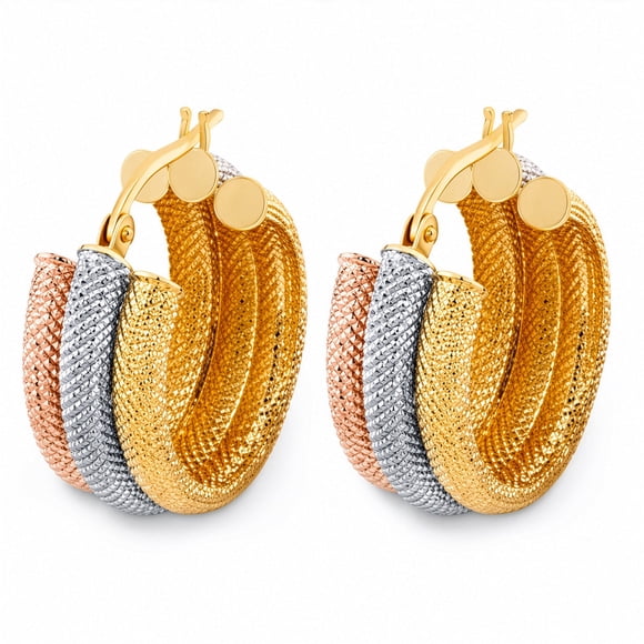 Tri-Color Texture Hoop Earrings in 14K