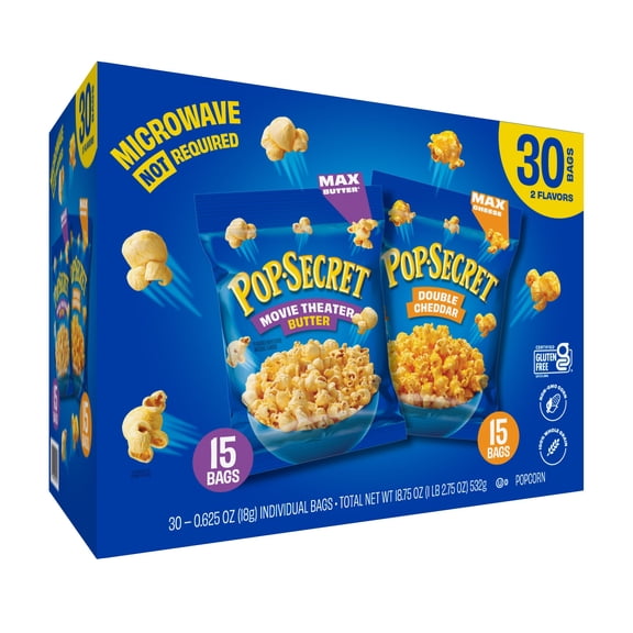 Pop Secret Popcorn Variety Pack, Movie Theater Butter & Double Cheddar, 0.625 oz., 30 pk.