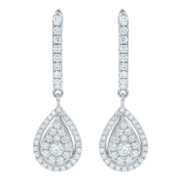 0.96 CT. T.W. Round Cut Pear Shape Halo Diamond Dangle Earrings in 14K Gold