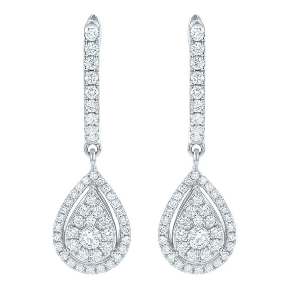 0.96 CT. T.W. Round Cut Pear Shape Halo Diamond Dangle Earrings in 14K Gold