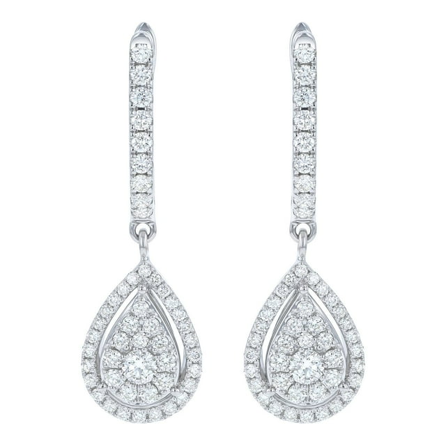 0.96 CT. T.W. Round Cut Pear Shape Halo Diamond Dangle Earrings in 14K Gold