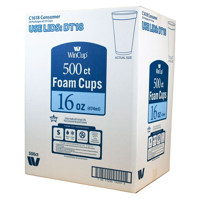 WinCup Foam Drink Cups, White, Choose Size