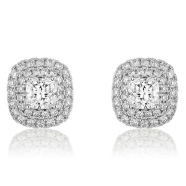 1.73 CT. T.W. Cushion Center Diamond Double Halo Stud Earrings in 18K Gold