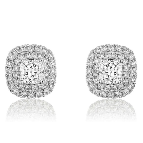1.73 CT. T.W. Cushion Center Diamond Double Halo Stud Earrings in 18K Gold