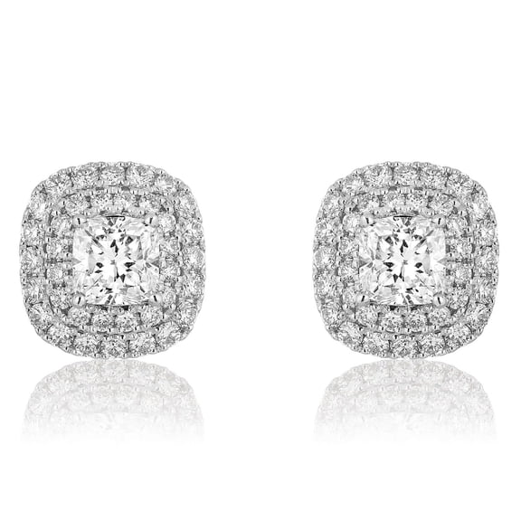 1.73 CT. T.W. Cushion Center Diamond Double Halo Stud Earrings in 18K Gold