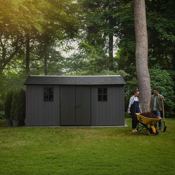 Keter 7.5' x 15' Newton Plus Resin Outdoor Shed Durable Storage, Graphite