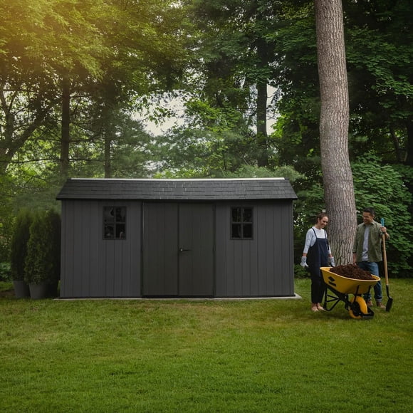 Keter 7.5' x 15' Newton Plus Resin Outdoor Shed Durable Storage, Graphite