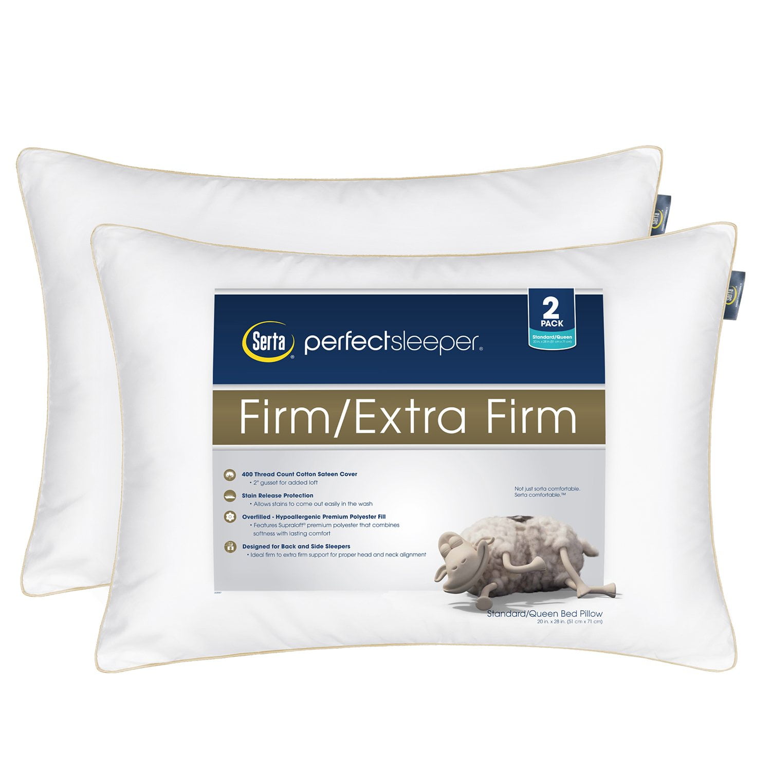 Serta Perfect Sleeper Firm/Extra Firm Jumbo Bed Pillow, Pack