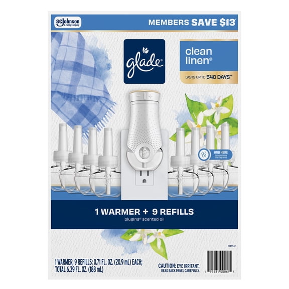 Glade PlugIns Scented Oil, Clean Linen, 1 Warmer + 9 Refills