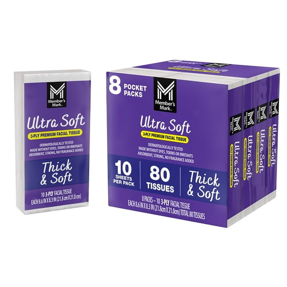 Members Mark Ultra Soft Pocket Pack Facial Tissue, 96 pks., 10 tissues/pk.