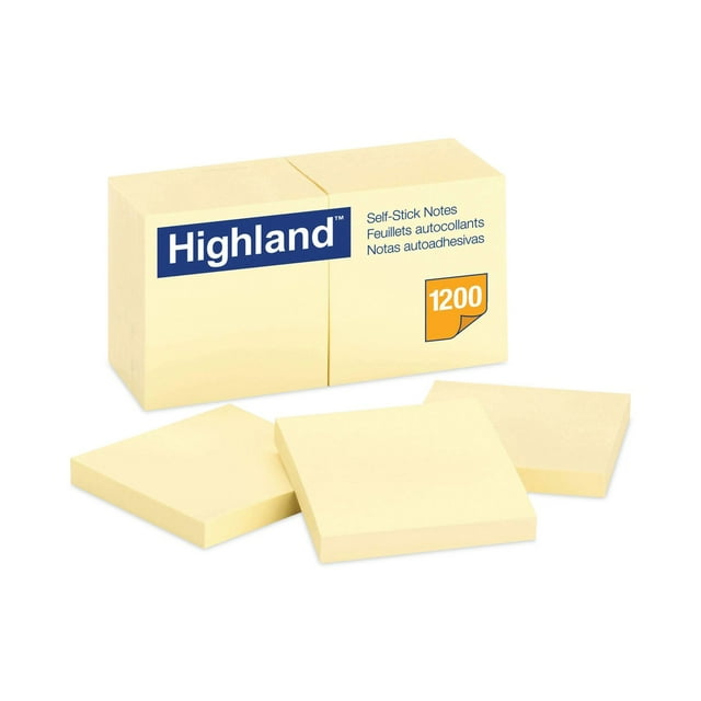 Highland - Self-Stick Pads, 3 x 3, Yellow, 100 Sheets/Pad - 12 Pads/Pack