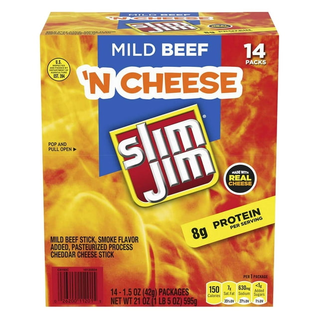Slim Jim Beef 'N Cheese Snack Sized Smoked Meat Sticks, Mild Flavor, 1.5 oz. 14 pk.