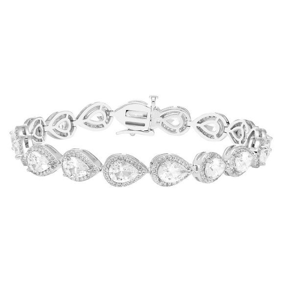 Pear Cut Lab Created Gemstone Halo Tennis Bracelet in Sterling Silver