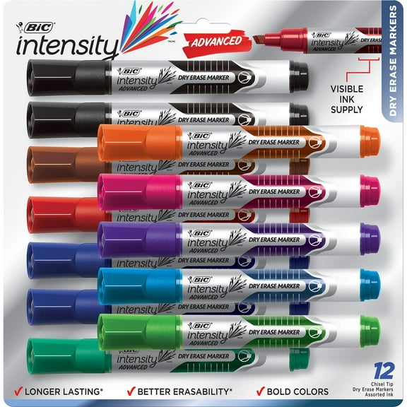 BIC Intensity Advanced Dry Erase Markers, Chisel Tip, 12 Count