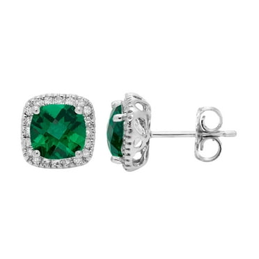 Cushion Cut Gemstone and 0.15 CT. T.W. Halo Diamond Stud Earrings in 14K Gold