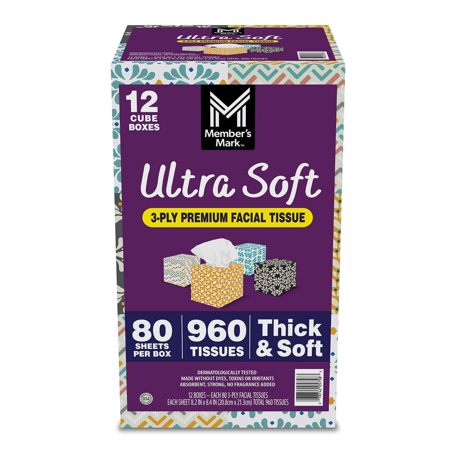 Member's Mark Ultra Soft 3-Ply Facial Tissues, 12 Cube Boxes, 80