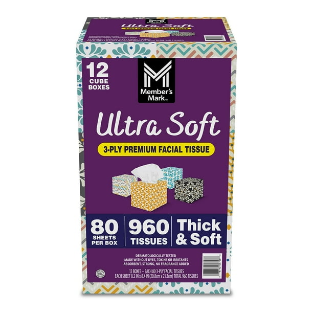 Member's Mark Ultra Soft 3-Ply Facial Tissues, 12 Cube Boxes, 80